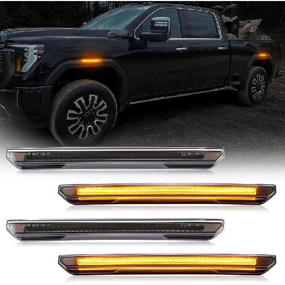 4 PCS Smoked Lens LED Side Marker Lights Replacement For Sierra 2500HD 3500HD     2024 2025, Front & Rear Side Marker Lamp Assembly Kit (Smoked Lens