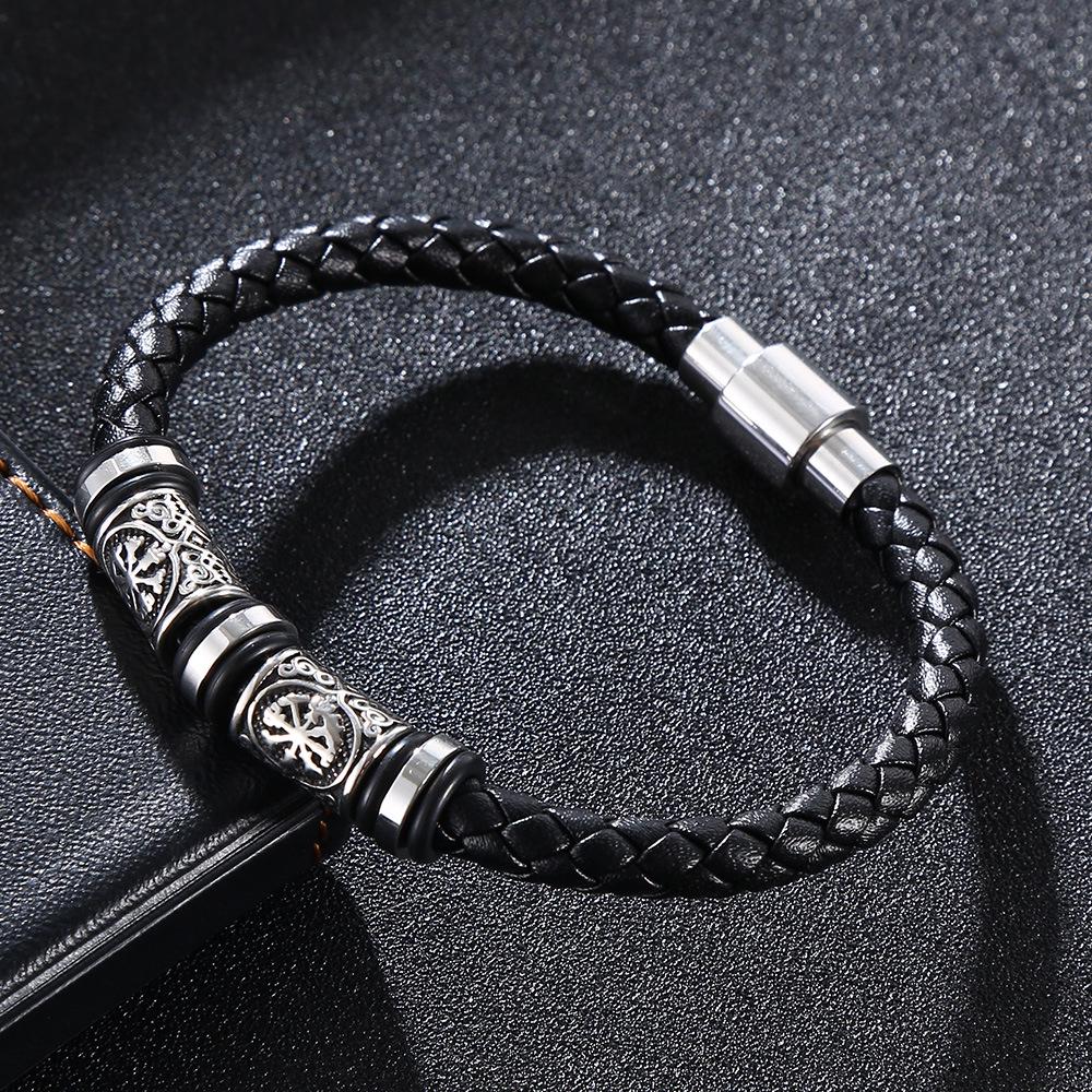 Trendy European-American Woven Leather & Stainless Steel Bracelet