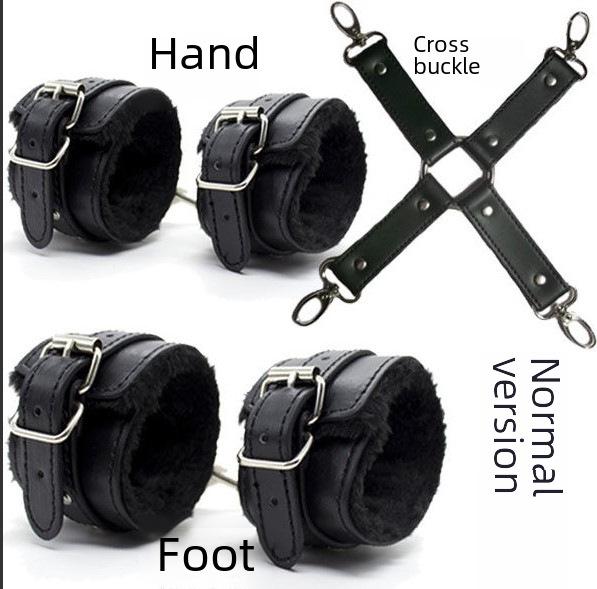 Ankle Leather Plush Bondage Set Cuffs Handcuffs Cross Back Mouth Gag