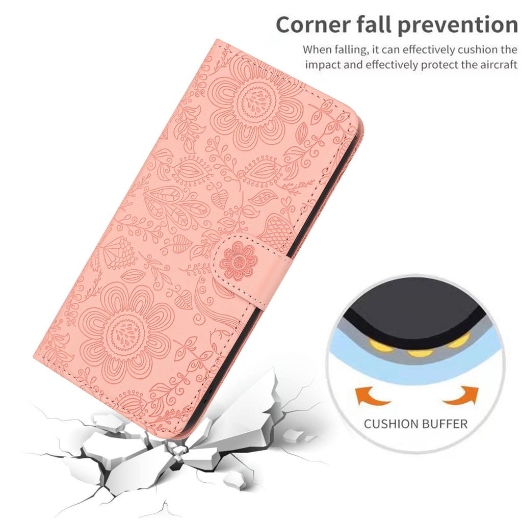 For iPhone 16 Pro Case Flower Imprint Leather Flip Wallet Phone Cover with Wrist Strap