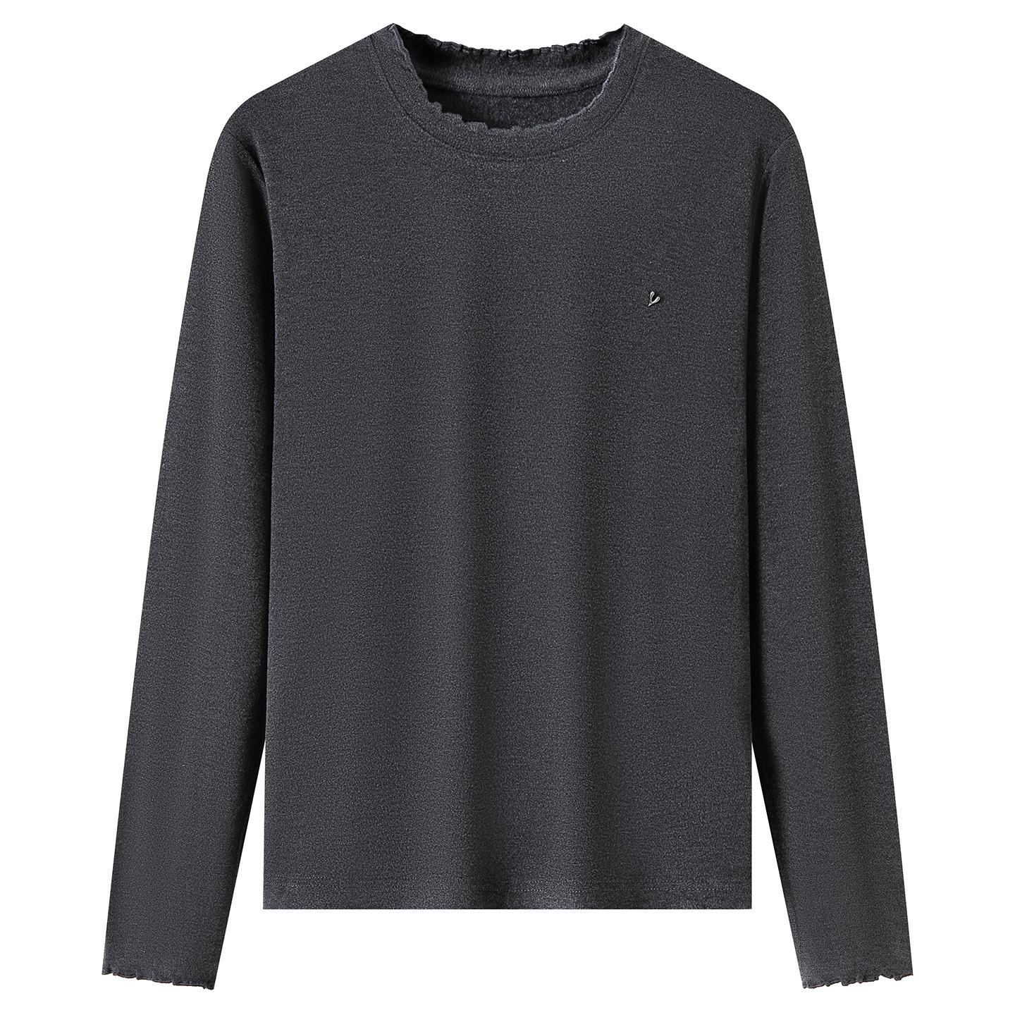 Women s Long Sleeve Cotton T-Shirt with Black Fungus Edge, Round Neck – Slim Fit for Spring and Autumn 2026. L серый