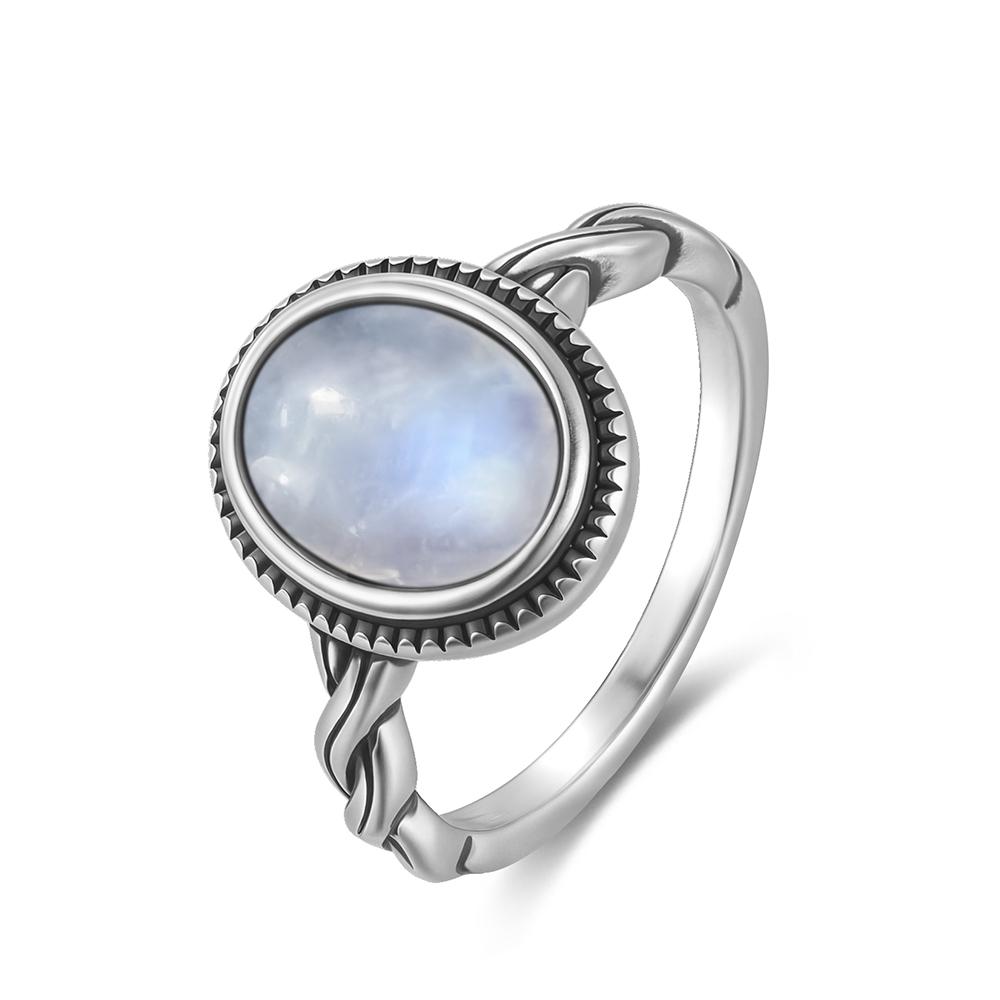 Vintage 925 Sterling Silver Natural Moonstone Rings Bohemia Oval Shape Retro Ring Gifts Fine Jewelry for Women Men