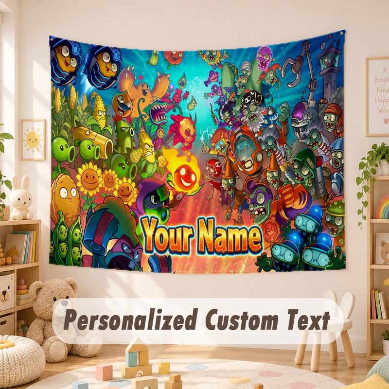 Custom Name Text Tapestry,Plants vs. Zombie Boho Wall Hanging, Decorative Backdrop Tapestry For Room