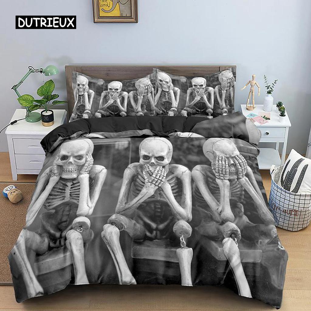 Skeleton Duvet Cover Set Microfiber Bedding Set Twin Size Halloween Funny Skeleton Skulls Bones Comforter Cover for Kids Teens