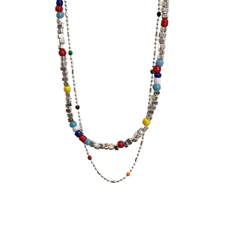 Dopamine Color Beaded Triangle Crushed Silver Necklace Women'S Light Luxury Niche Clavicle Chain Neck Chain Accessories