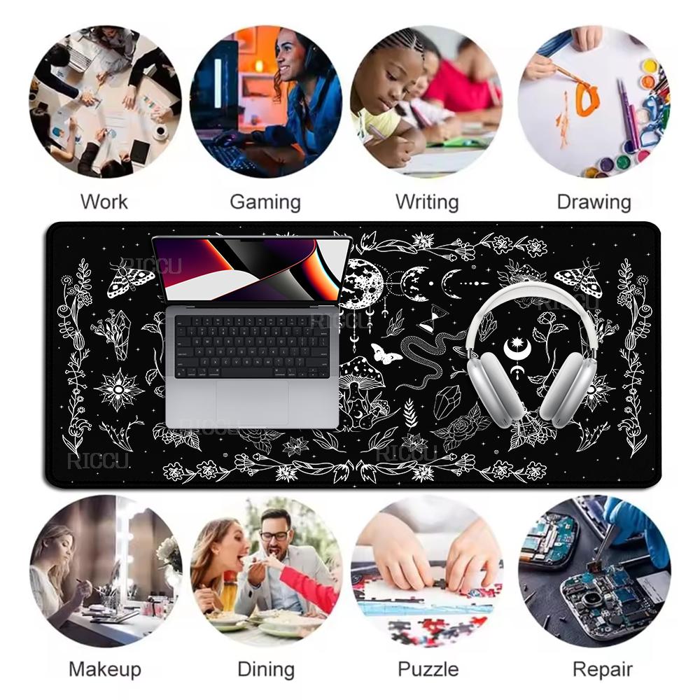 Schwarze Tarotkarten Schreibtischmatte Büro Mond Stern Mauspads Hexe Divination Schreibtischmatte Pilz Tischmatte Ästhetisches Großes Gaming-Mauspad