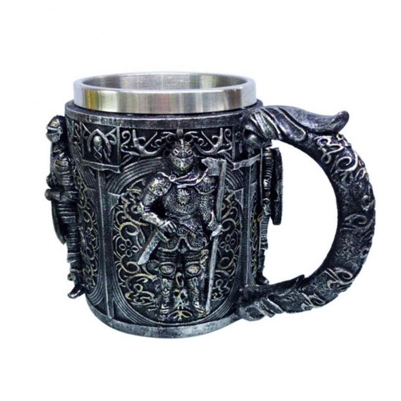 

Крутейшая готическая кружка для пива из смолы и черепа из нержавеющей стали с изображением рыцаря-дракона, кофейная чашка на Хэллоуин, рождественская кружка для чая, декор для паба и бара