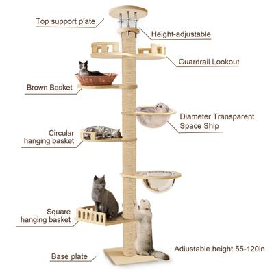Sturdy Cat Activity Tree Tree Floor To Ceiling Height Adjustable Tower 7 Tier Hemp Scratching Post High Indoor Outdoor Post Climbing Frame