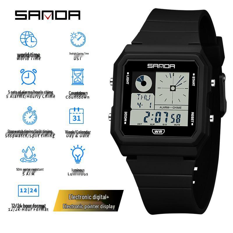 Sanda Multifunctional Waterproof Luminous Electronic Watch with World Time & Alarm - Ideal for Students