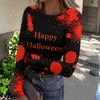 Women Casual Long Sleeve Ribbed Knit Top Halloween Print Round Neck Pullover Slim Fit Stretchy Lightweight Shirt for Fall
