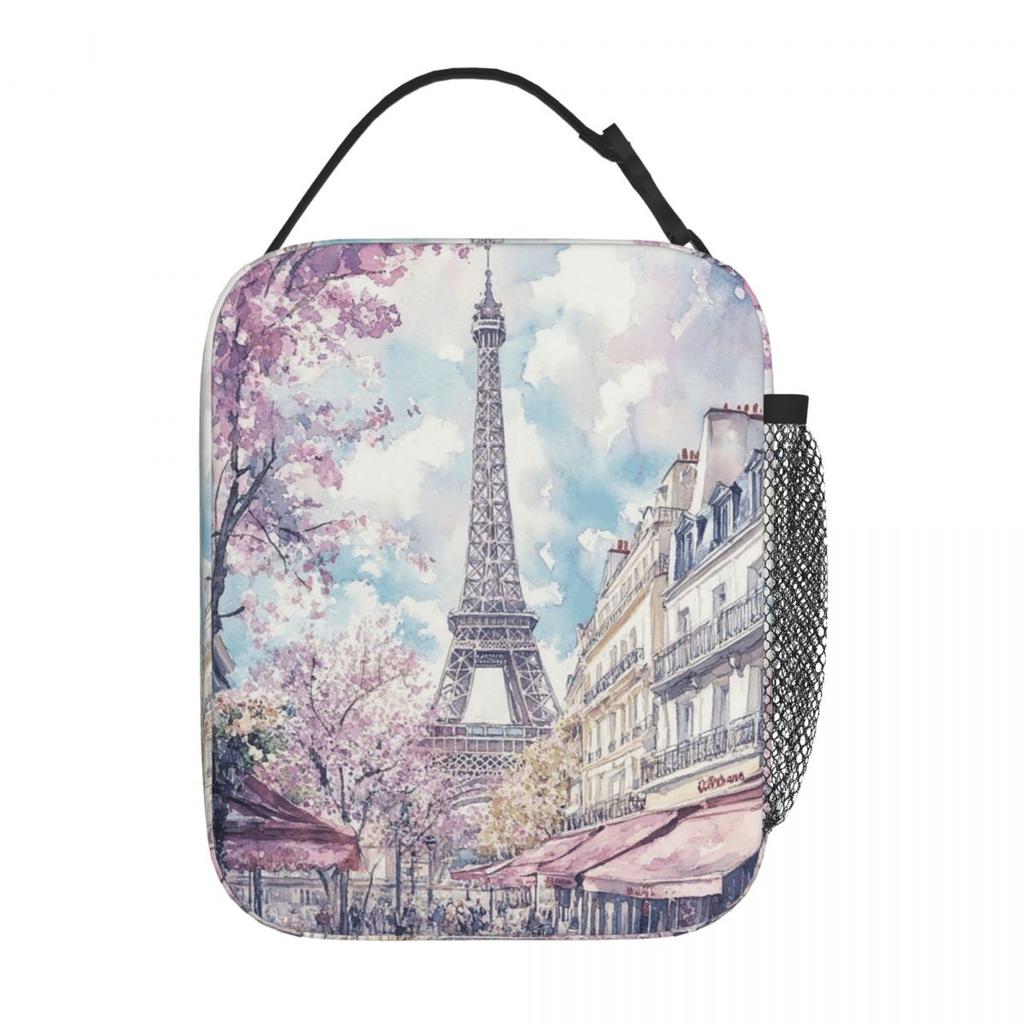 Eiffel Tower And Cherry Blossoms Design Insulated Lunch Bag for Women Kids Portable Food Boxes Thermal Lunch Box Tote