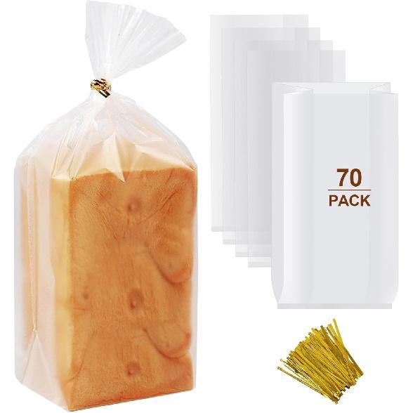 vivinin 70 Pack Bread Bags & 100 Pack Ties, 8  x 4  x 18  Clear Bread Bags for Homemade Bread, Reble Plastic Bread Storage Bags for Bakers, Bakery