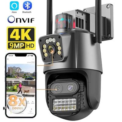 9MP PTZ Kamera WiFi 4K HD Dış Mekan IP Kamera Çift Lens Çift Ekranlı Video Gözetim CCTV Kamerası İnsan Algılama Alexa Desteği
