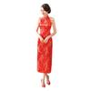 Women Summer Cheongsam Stand Collar Printing Off Shoulder Backless Split Hem Hollow