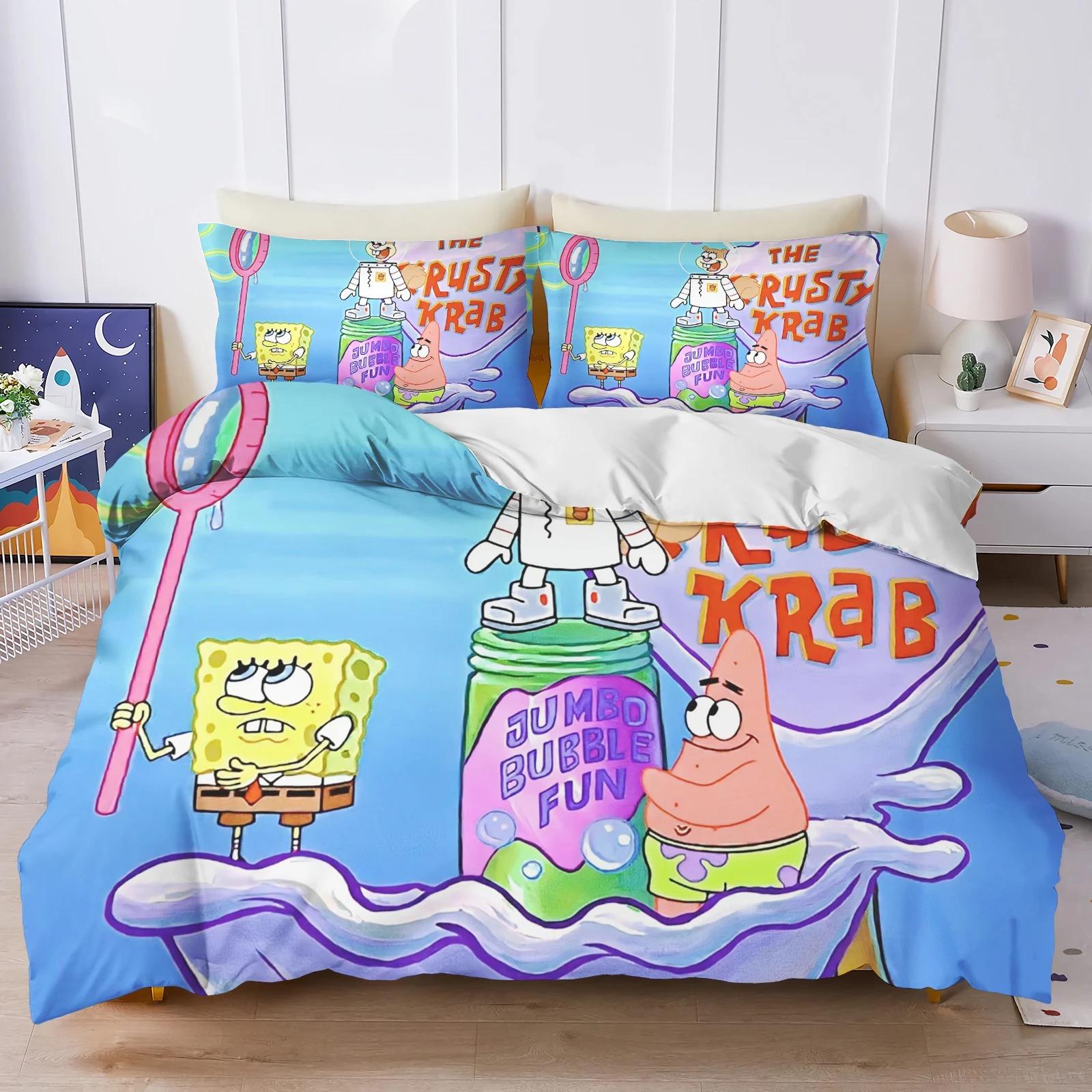 3D Hot Sale Multiple Sizes SpongeBob SquarePants Cartoon Print Bedding Set Adult and Kids Bedding Set Luxury Gifts 155x200cm