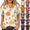 Women's Halloween V-Neck T-Shirt - Three-Quarter Sleeve Casual Top with Decorative Buttons, Fun Print Tee for Fall Holiday Wear