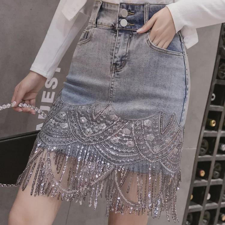Elegant European Sequin Embroidered Denim Skirt with Beads & Tassels – High Waist, Women's Fashion.