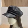 European and American PU leather navy hat, women's metal decorative pleated flat-top newsboy hat, short-brimmed cap