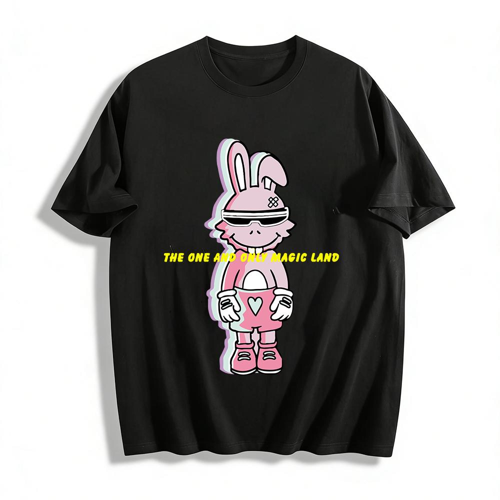 

Cool Pink Rabbit Print T-Shirt Trendy Street Style Casual Loose Top For Men And Women Pure cotton T-shirt XXS