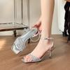 Women's Summer Sandals High Heels Silver Square Toe Transparent Strap Rhinestones Elegant Ladies Shoes