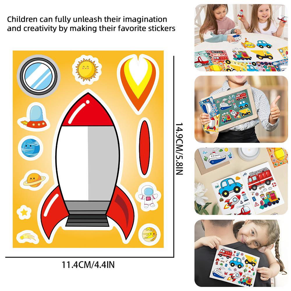 8/16Sheets Transportation Vehicles Puzzle Stickers Rocket Plane Make a Face Decals DIY Luggage Scrapbook Assemble Jigsaw Sticker