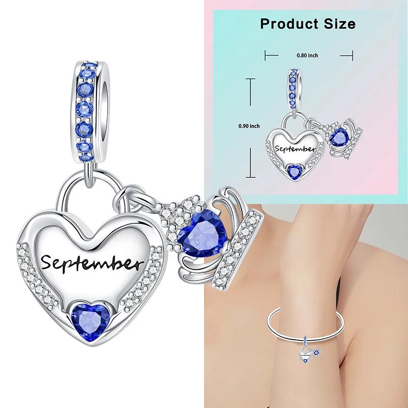 Copper 12 Months Birthstone Heart-Shaped Beads Charms Fit Original Bracelet Charm Beads Necklace Diy Female Jewelry