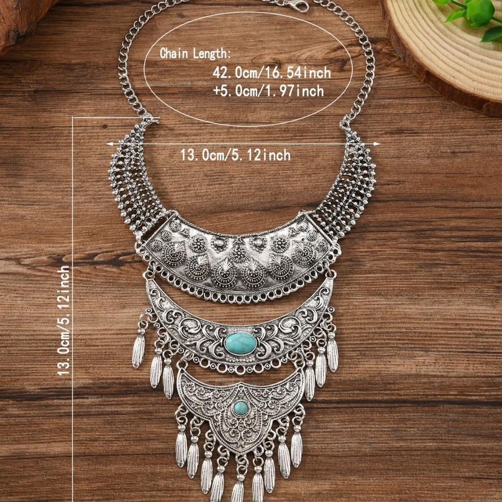 Bohemian Layered Zinc Alloy Leaf Pendant Necklace With Tassels For Vintage Style Jewelry