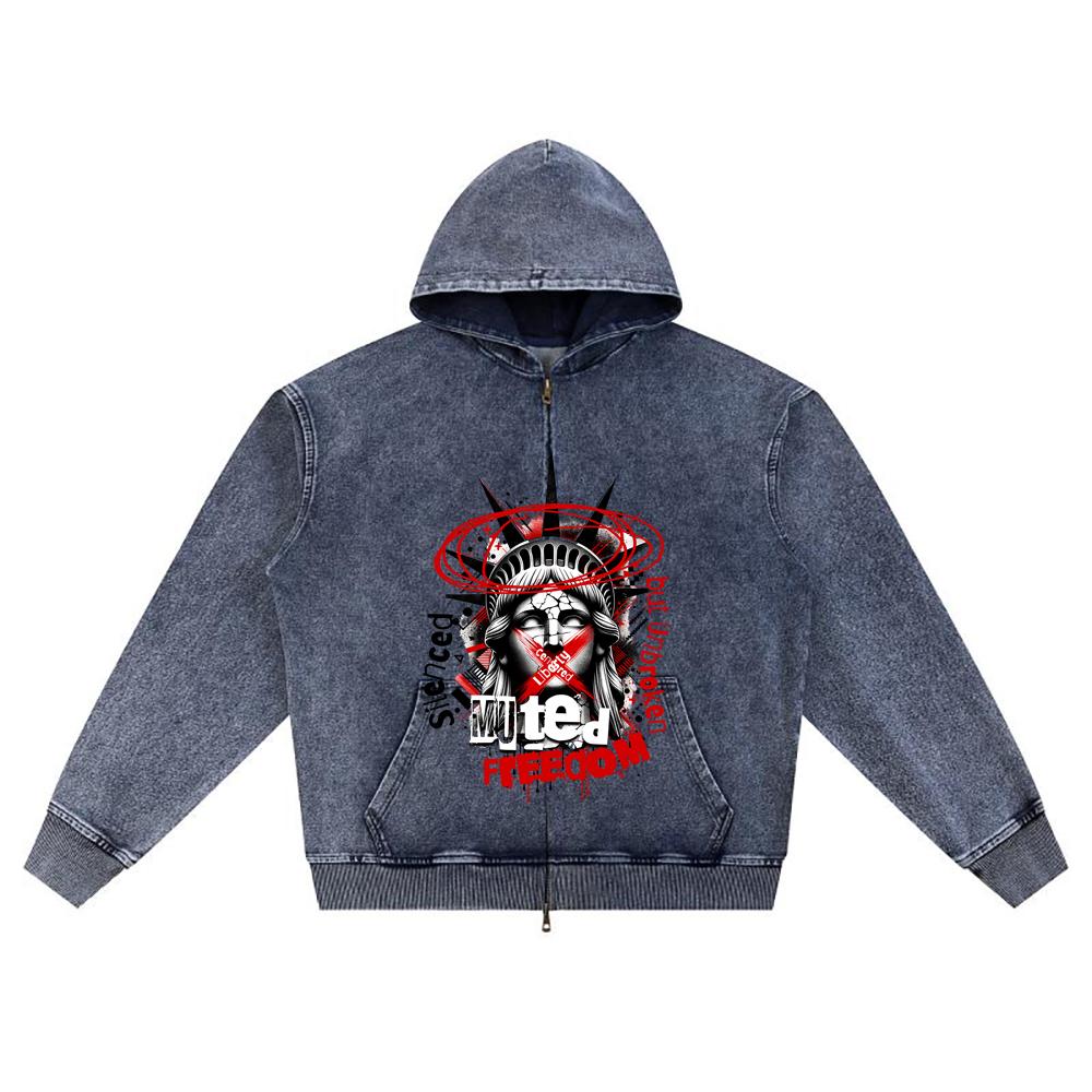 DTG print Knitted Denim Zip-Up Hoodie Muted Freedom Brother Print Zipper Hoodies  