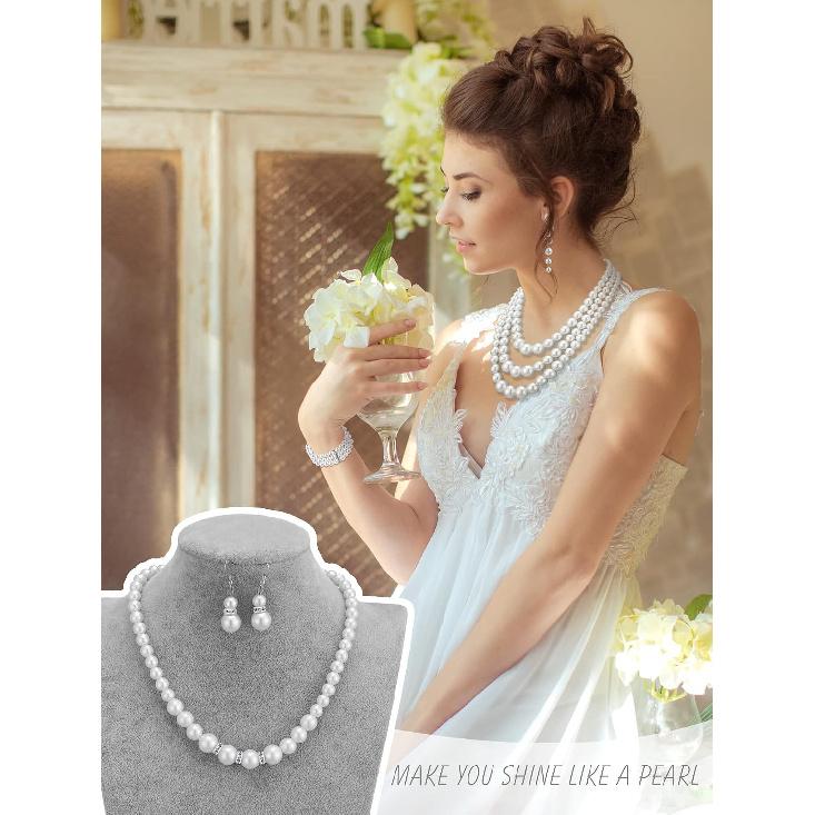 BBTO 8 Pcs Pearl Necklace and Earring Set for Women Faux Pearl Bracelet Costume Jewelry Set for Wedding Bridal Shower Party