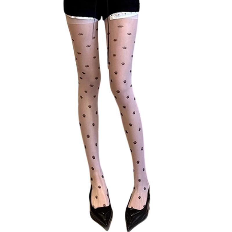 Women Aesthetic Sweet Cats Paws Bowknot Printed Sheer Silk Tights Stockings Thin See Through Pantyhose Leggings Hosiery