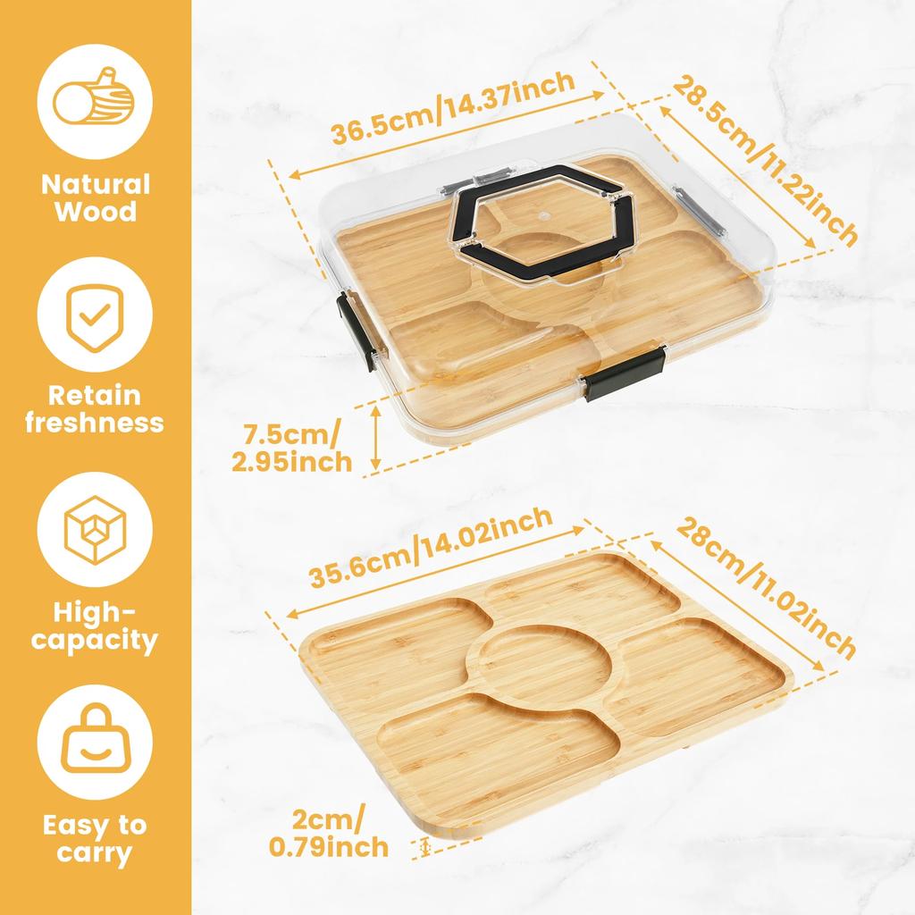 Wood Charcuterie Tray Cheese Board with Clear Lid Compartments Snack Portable Box Dinner Plates Hotel Kitchens Party Sets
