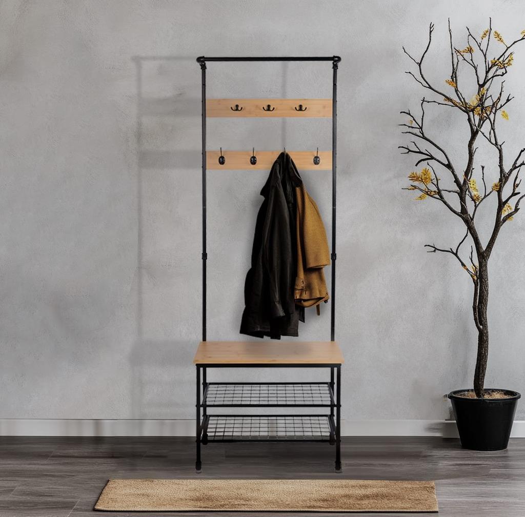 Bambus-Kleiderständer für den Flur Garderobe 66x32x183 Vw2Nb Begryf