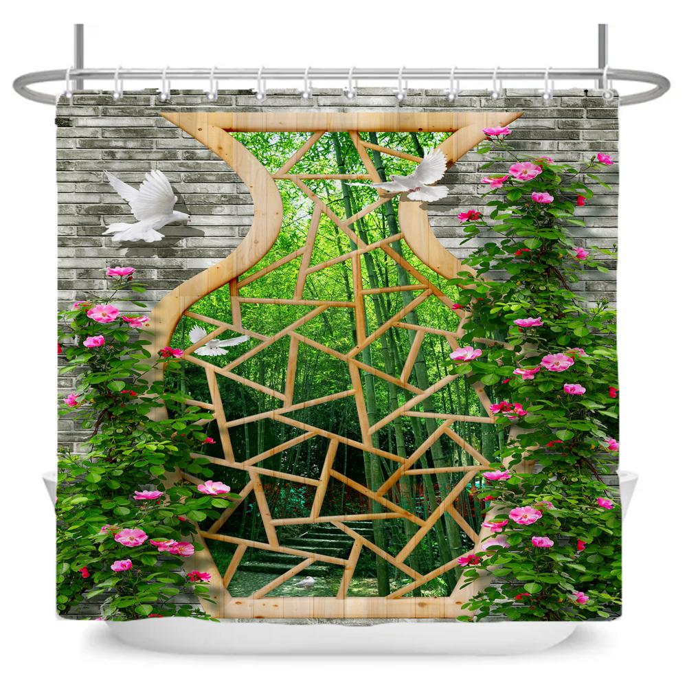 Beautiful Pastoral Garden Scenery Shower Curtain Rose Garden Flower Polyester Waterproof Bathroom Shower Curtain Decor Curtain