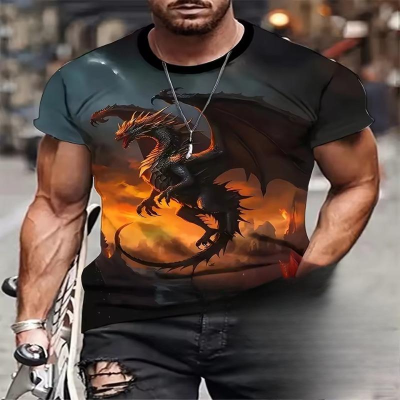 3D Digital Animation Style Roaring Dragon Pattern Round Neck Short Sleeve T Shirt Fashion Cool Men's Summer Streetwear Tops