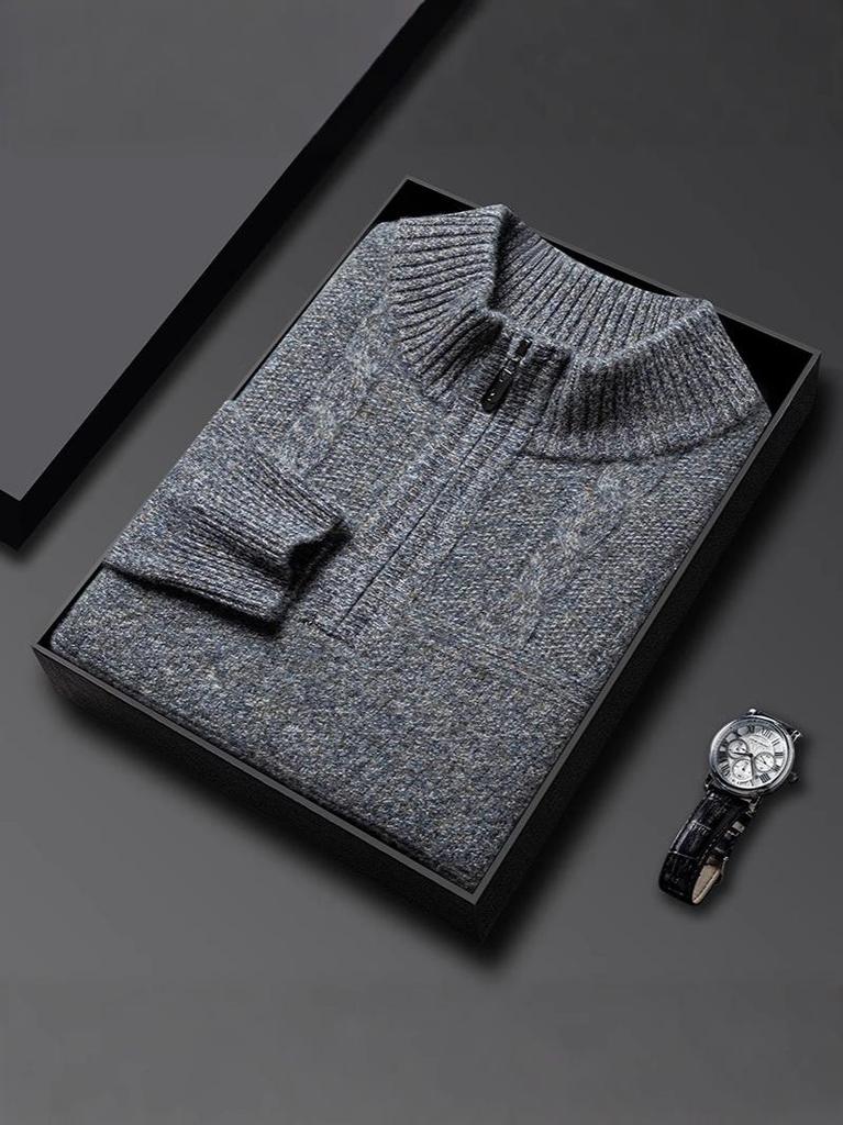 Herren-Strickpullover aus reiner Wolle, dick, für Herbst & Winter, mit halbem Reißverschluss