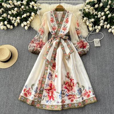 Floral Summer Dress Women Slim Waist Bandage Temperament Robe Femme  Vestidos De Mujer Vintage Elegant Maxi Dresses 27w921