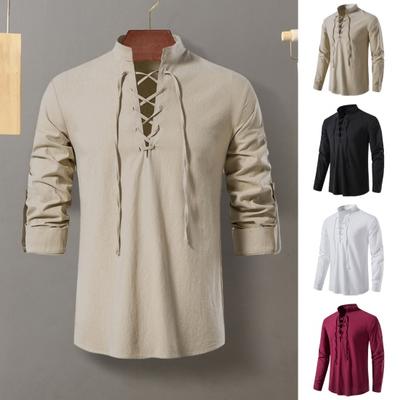 Spring Men Shirt Lace-up Strap Stand Collar Solid Color Long Sleeves Retro Hippie Casual Beach Style Pullover Mid Length Daily Top