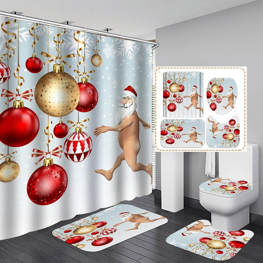 Christmas Bathroom Shower Curtain 4Pcs Set Snowman Santa Claus Pattern Waterproof Shower Curtain Toilet Cover Mat Non Slip Rug