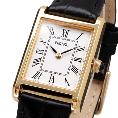 Seiko Women's Square Design Quartz Watch SWR054 with White Dial and Black Leather Band