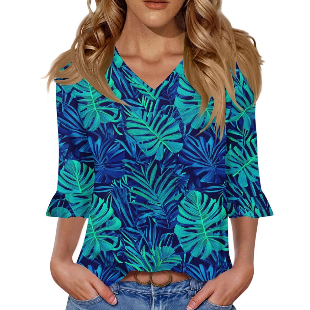 Women's Casual 3/4 Sleeve Tops V-Neck Sleeve T-Shirt Floral Print Tops