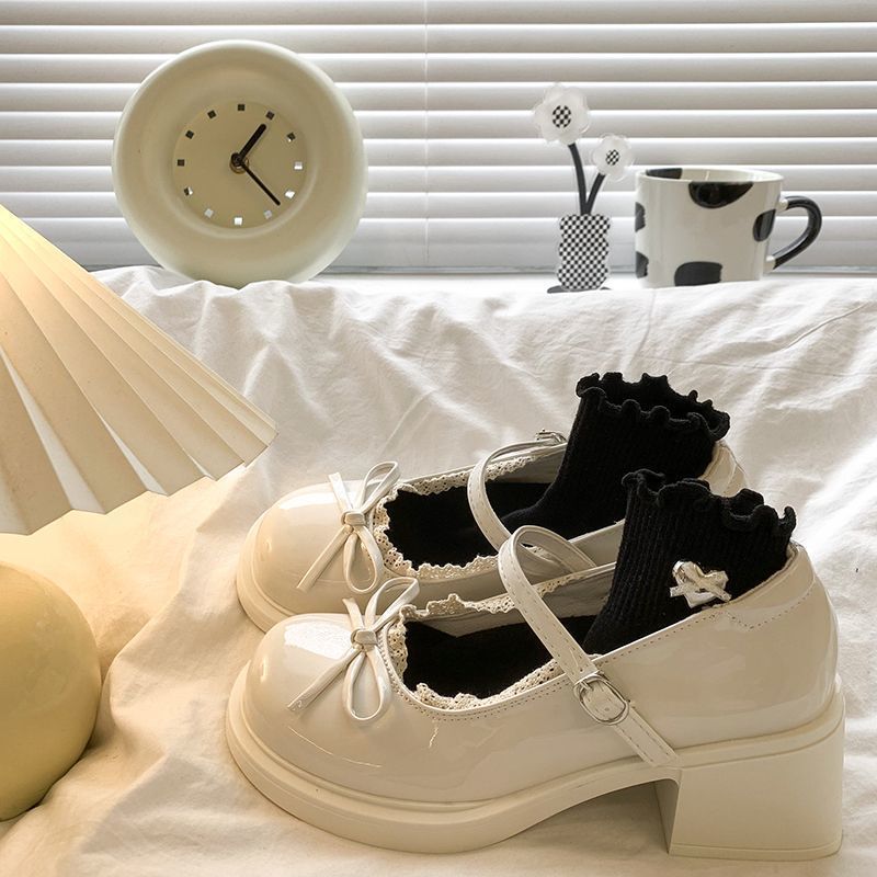 Versatile thick heel Mary Jane shoes women's summer new French round head bow British style small leather shoes women