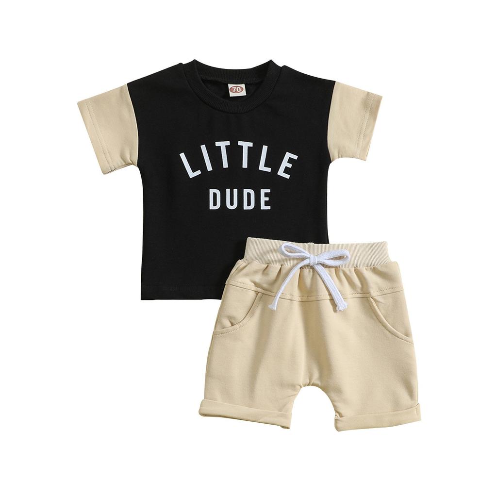 Summer Children's Wear Crewneck Letter-printed Top Solid Color Shorts Two-piece Set