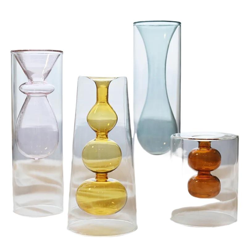 1PC Double Glass Vase Art Terrarium Flower Pots Decorative Desktop Transparent Color Modern Home Decor Multiple Options Available