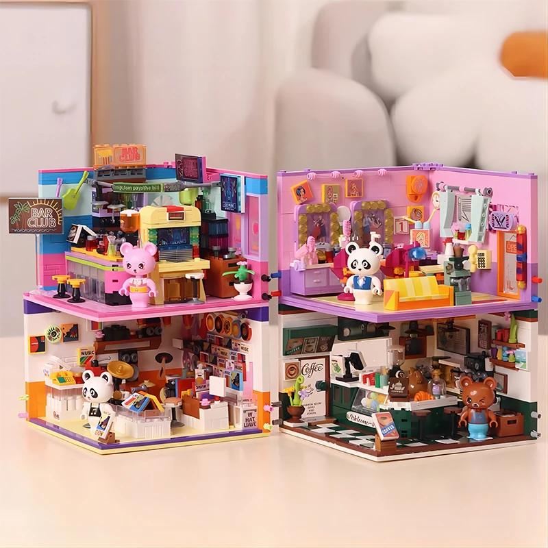 Mini City Street View Café Bar Friseursalon Bausteine Kreatives 3D Puzzle Raummodell Spielzeug Freunde Kinder Geburtstagsgeschenk ohne Karton