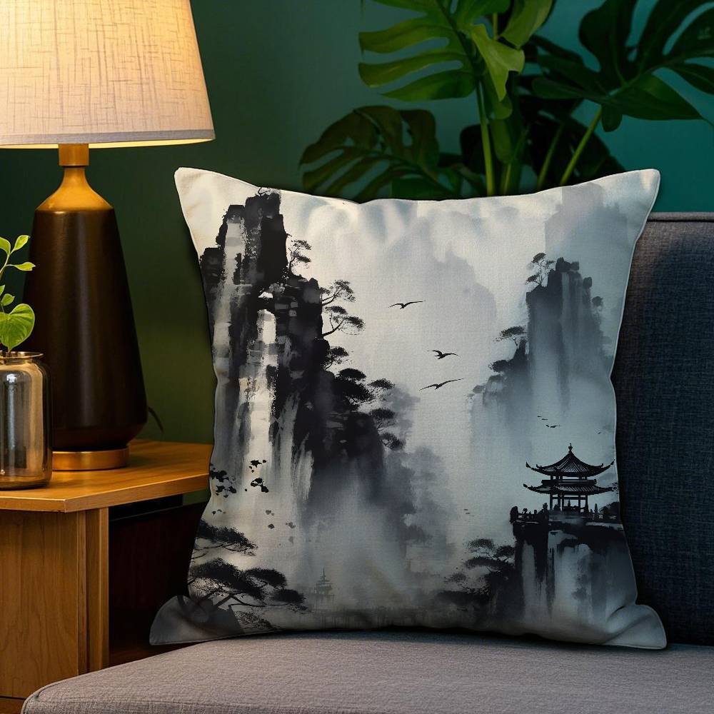 Chinese Ink Painting Style Pillow Case Plush Fabric Soft Double Sided Print Home Sofa High Quality Cushion Cover Throw