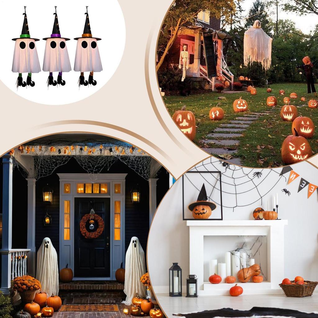 Halloween Decorations 3pcs Outdoor Hanging Luminous Ghost Witch Hat LED Light String Halloween Ghost Courtyard Garden Tree Decor
