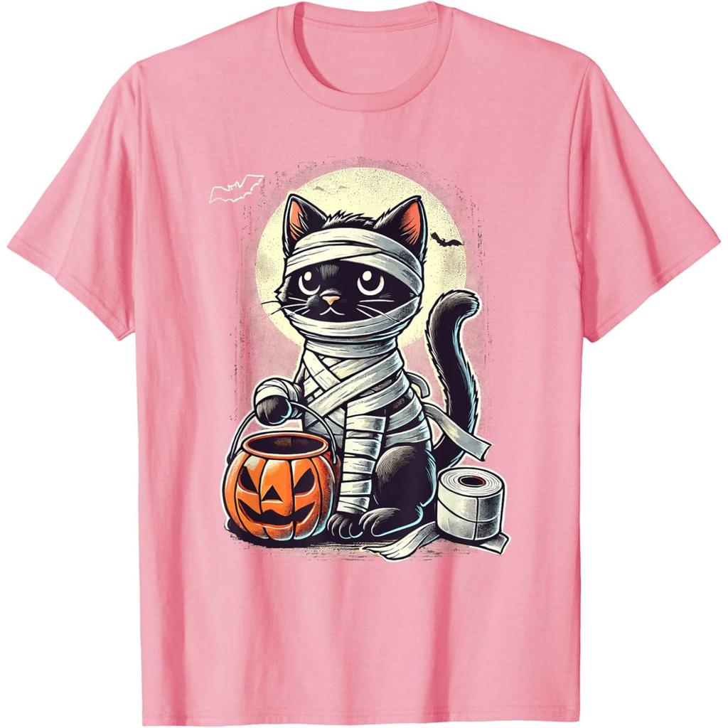 Mummy Black Cat Halloween Graphic Tee Cute Cartoon Kitten Trick Or Treat T-Shirt