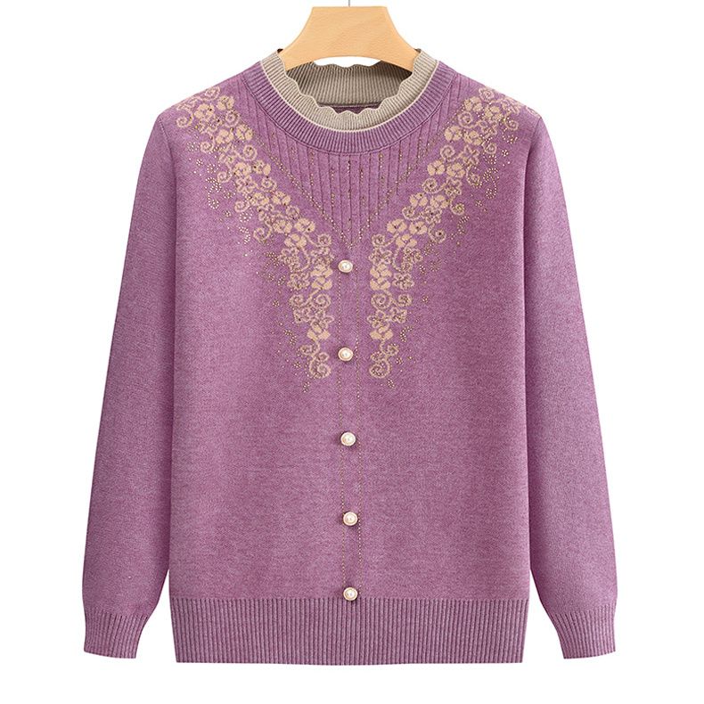 Women's Round Neck Printed Sweater Autumn Winter Rhinestone Plus Size Pullover Knitwear Loose Knit Top