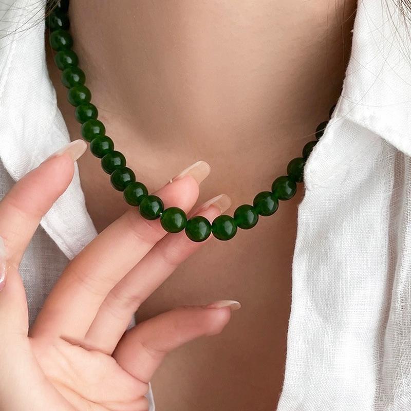 Natural Green Agate Beaded Necklace - Chinese Style Choker for Women