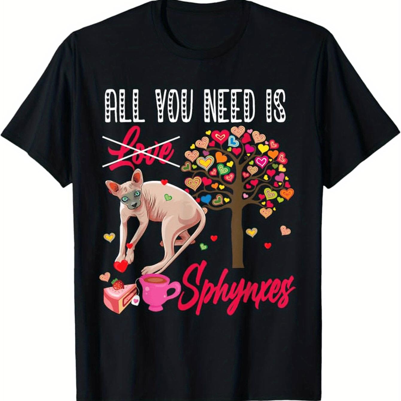 

Sphynx Cat Love Hearts Graphic Tee Men Casual Crewneck Breathable Cotton T-Shirt Valentine Gift 4XL
